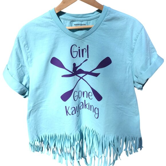 Summer Shirt, Size Large: Upcycled Cut Out Back Top, Edgy Fashion, Girl Kayaking - Picture 5 of 9